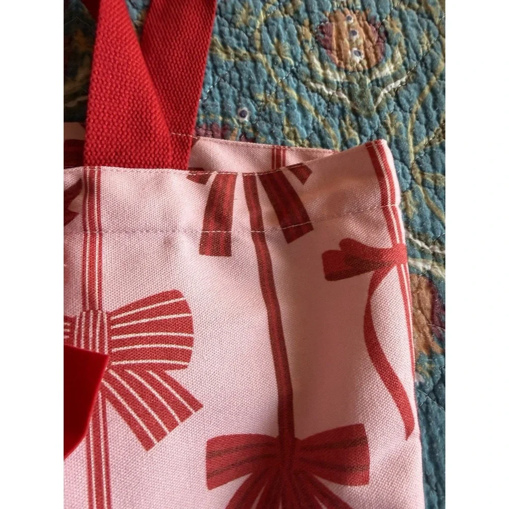 2 Pink Red Bow Print Tote Bag Canvas Large Shoulder Bag Preppy Coquette‎